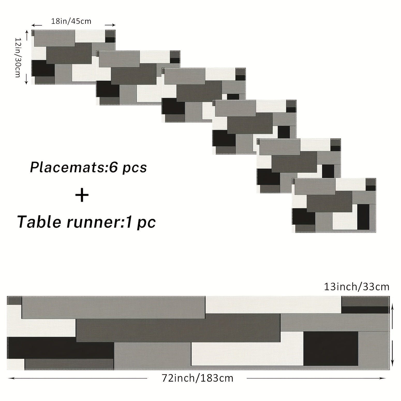 A Set of Geometric Tablecloth And Placemats, Featuring Abstract Art in White, Black, And Gray, Suitable for Everyday Dining Decor
