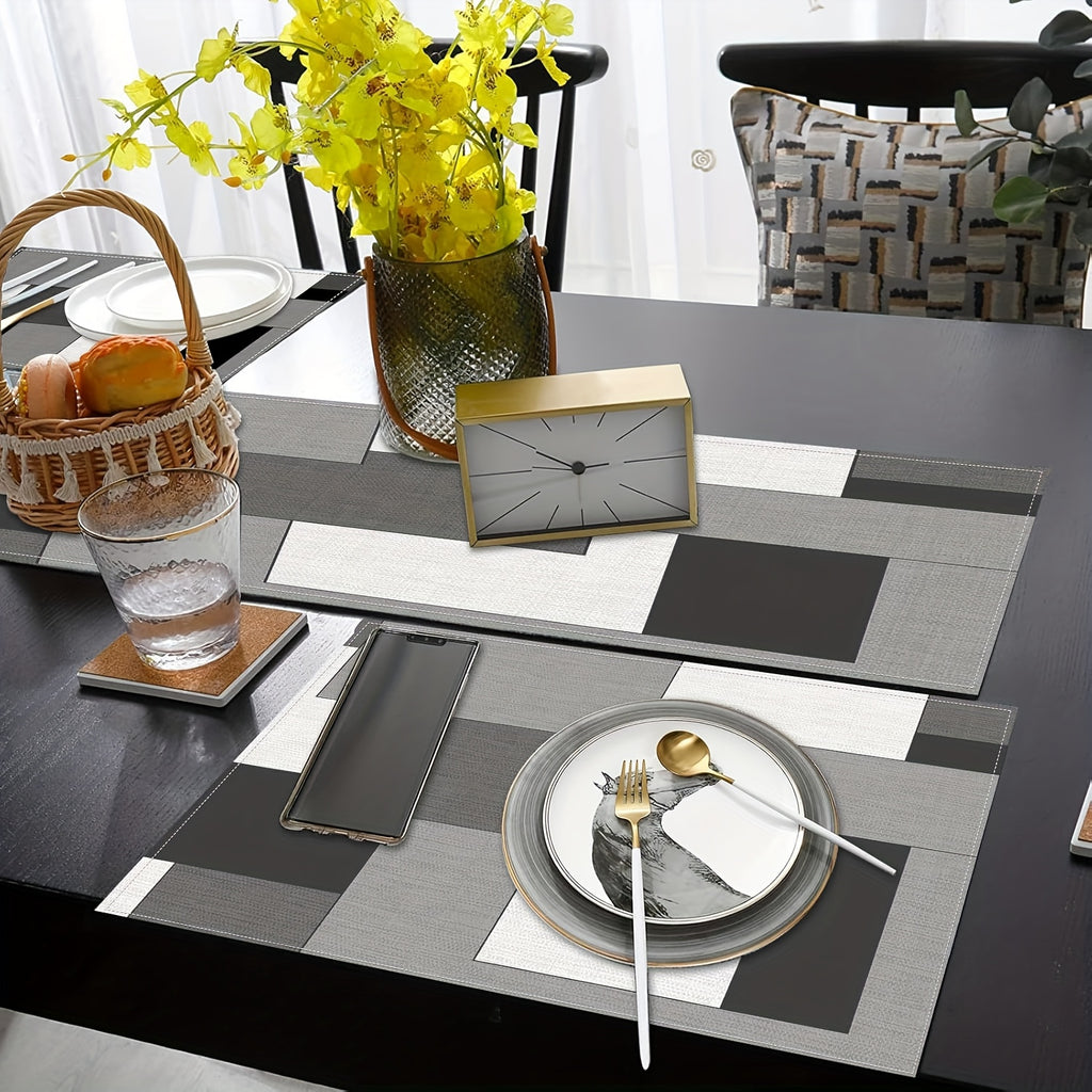 A Set of Geometric Tablecloth And Placemats, Featuring Abstract Art in White, Black, And Gray, Suitable for Everyday Dining Decor