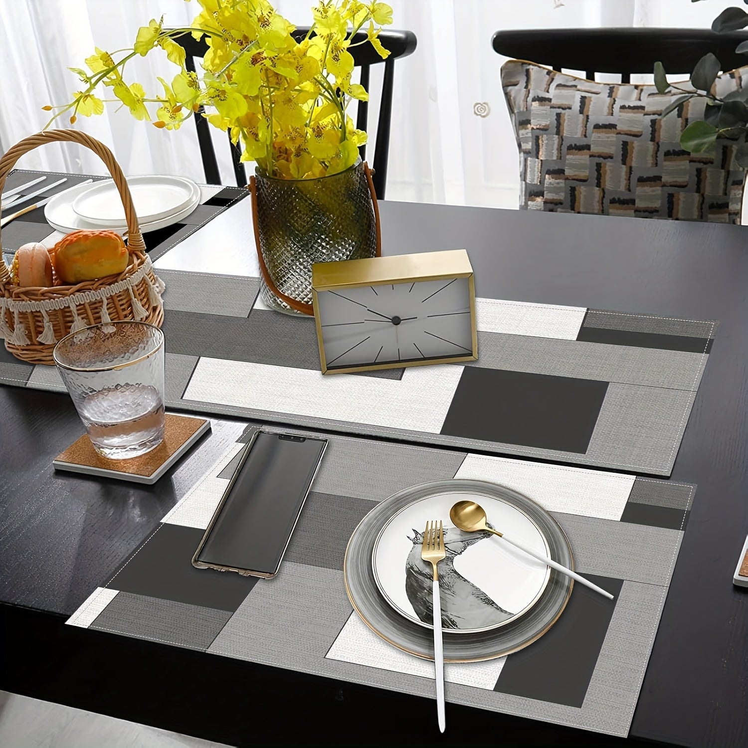 A Set of Geometric Tablecloth And Placemats, Featuring Abstract Art in White, Black, And Gray, Suitable for Everyday Dining Decor