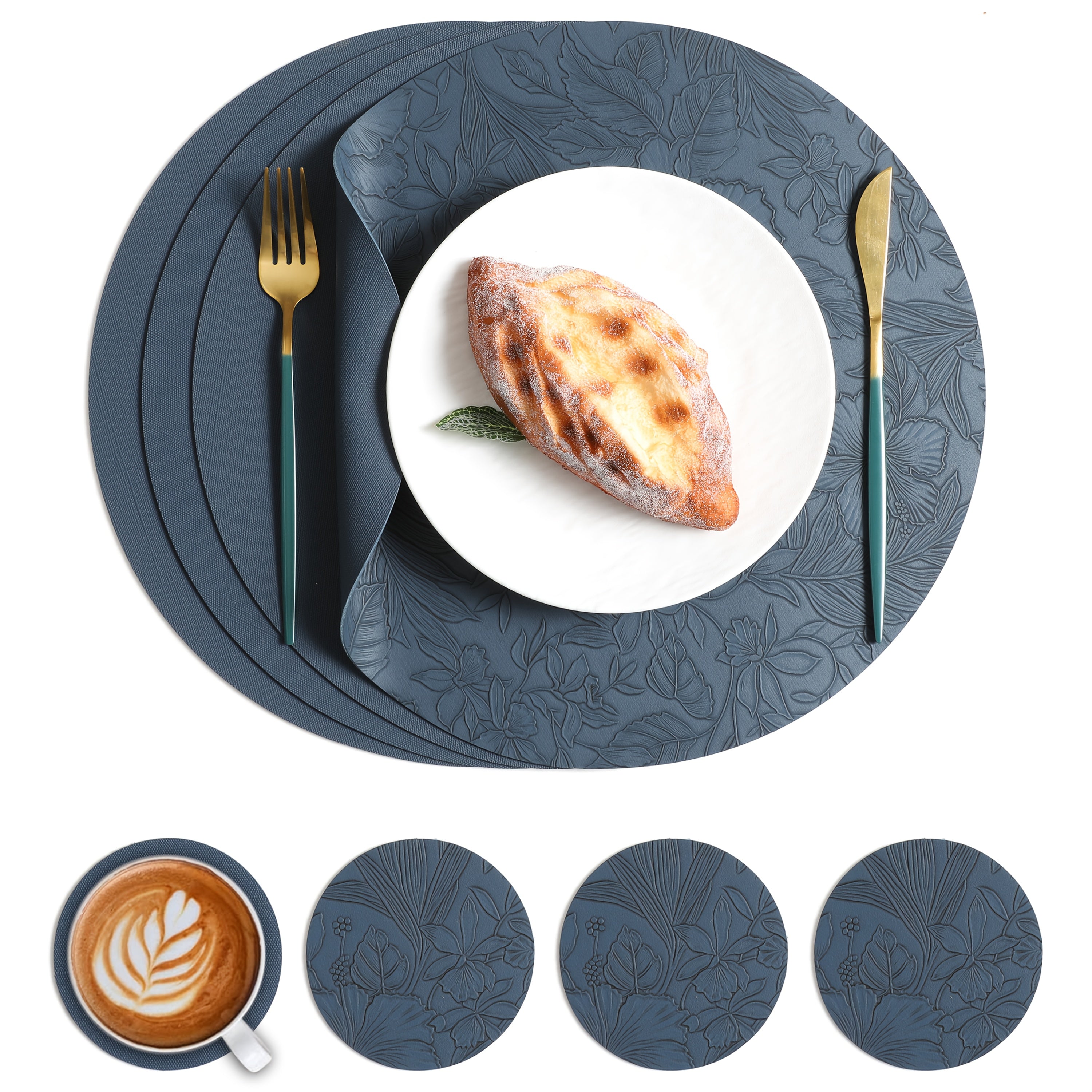 Of 4 Placemats And 4 Coasters, European-Style Luxury PVC Faux Leather Placemats, Double-Sided Round Embossed Placemats, Heat-Resistant Placemats for Hotels And Home, High-End Dining Table Placemats, Patterned Heat-Insulating Mats
